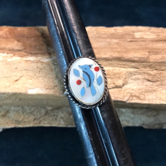Jewelry - Zuni Style Sterling Blue Jay Ring with Stone Inlay